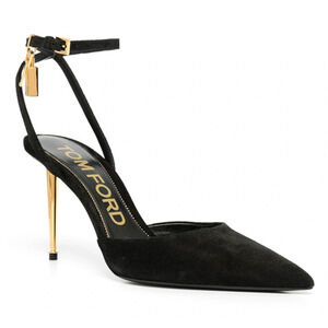 Tom Ford Padlock 85mm Slingback Black Suede Ankle Strap Pointed Toe Heel Pump 36